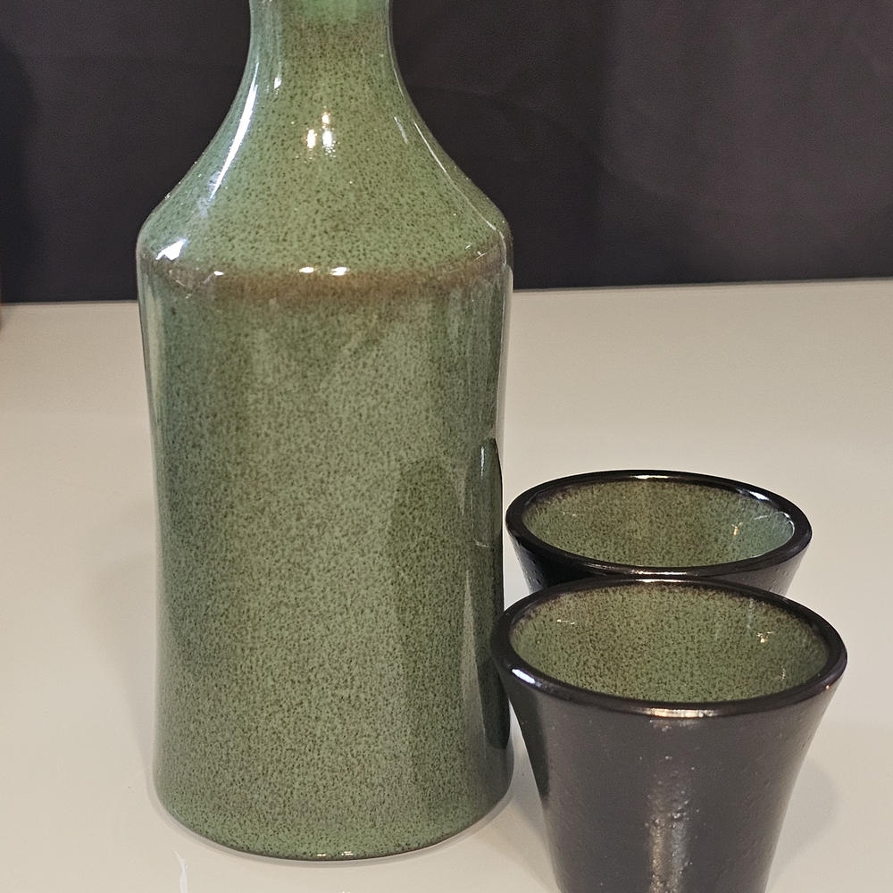 Green Sake Carafe With 2 Matching Cups